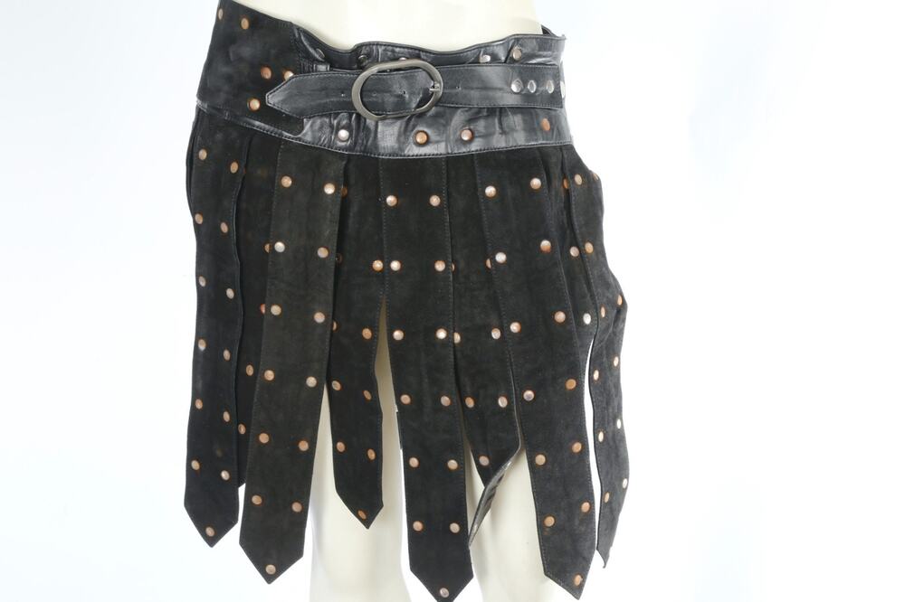 Vintage Black Suede Leather Studded Gladiator Fringe Belt Wrap Mini Skirt Size M